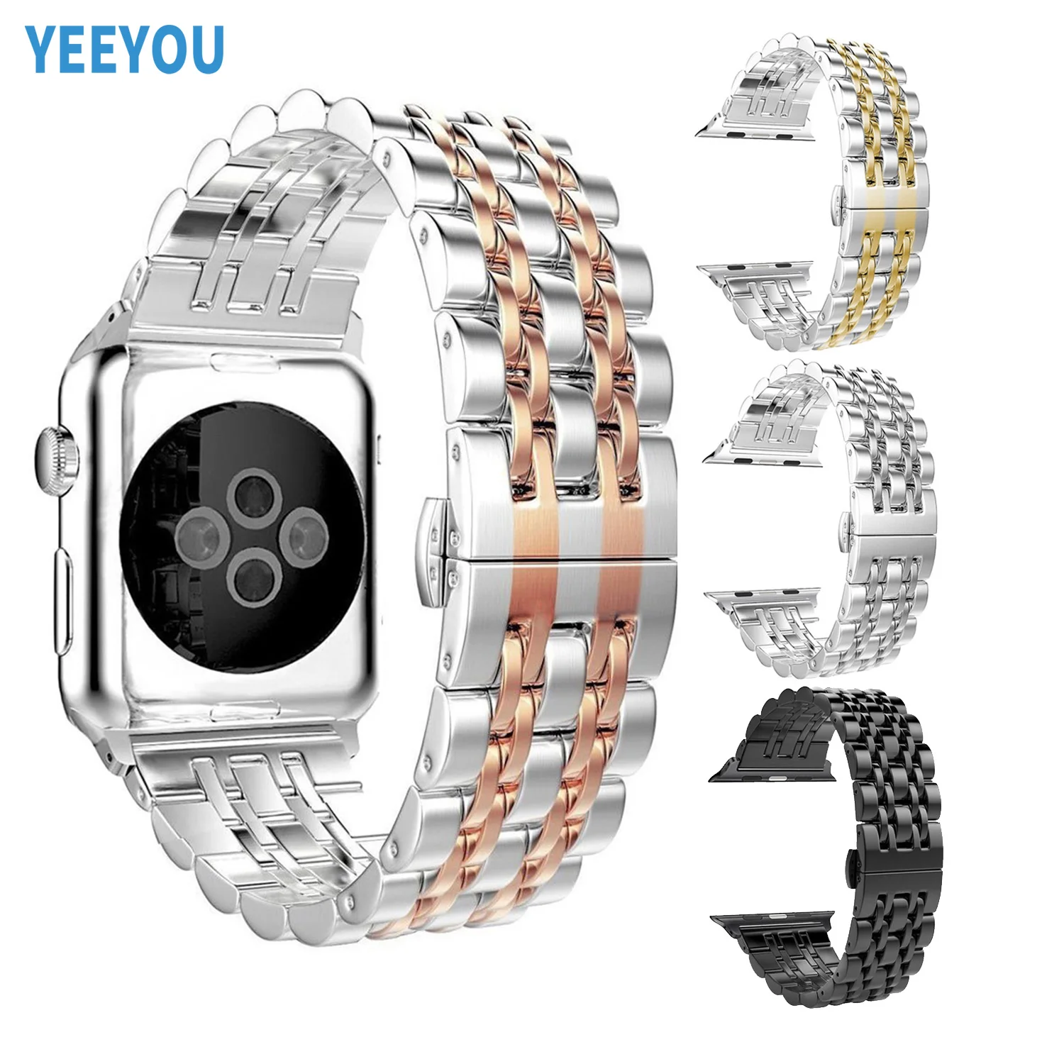 YEEYOU Metal Wrist Straps 7 Beads Stainless Steel Replacement with Folding Clasp For Apple Watch Band  38/40/41/42/44/45mm
