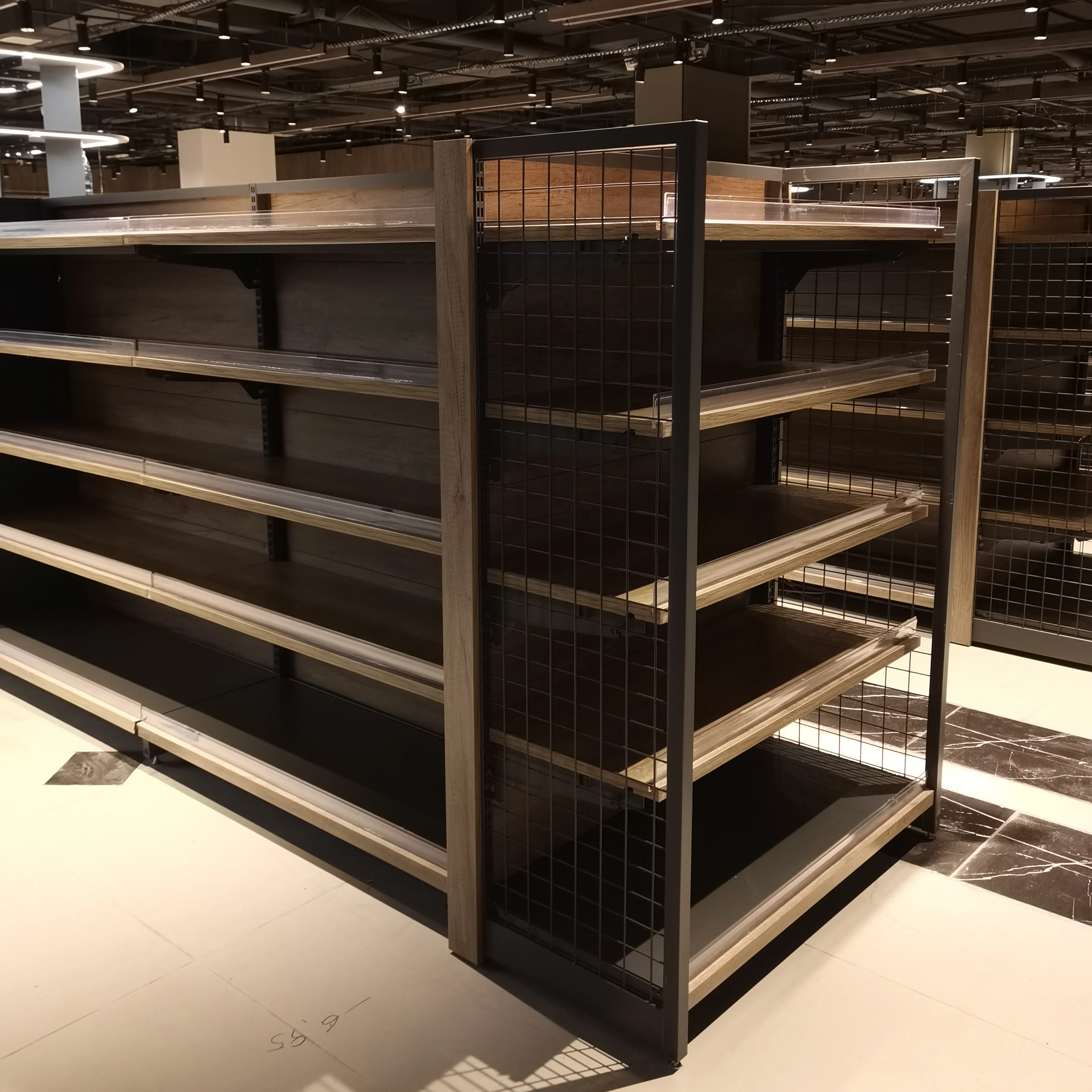 Pangdonglai Customized Heavy-Duty Steel Gondola Shelving Wood Color Display Stand Supermarket Store Equipment Commercial Rack