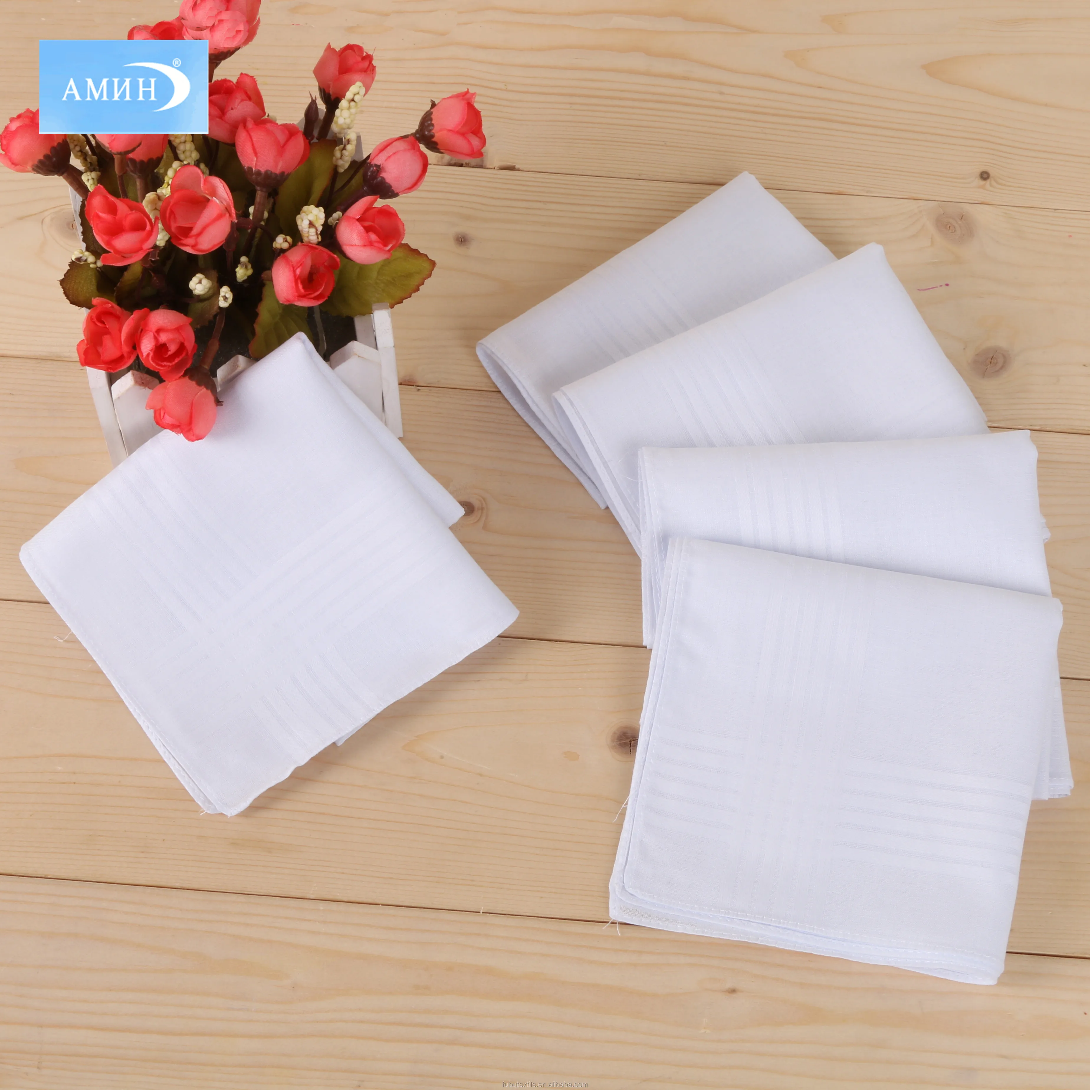 Hot Sale Custom Design Soft Cotton 16' Solid White Handkerchief With Woven Stripe In Set