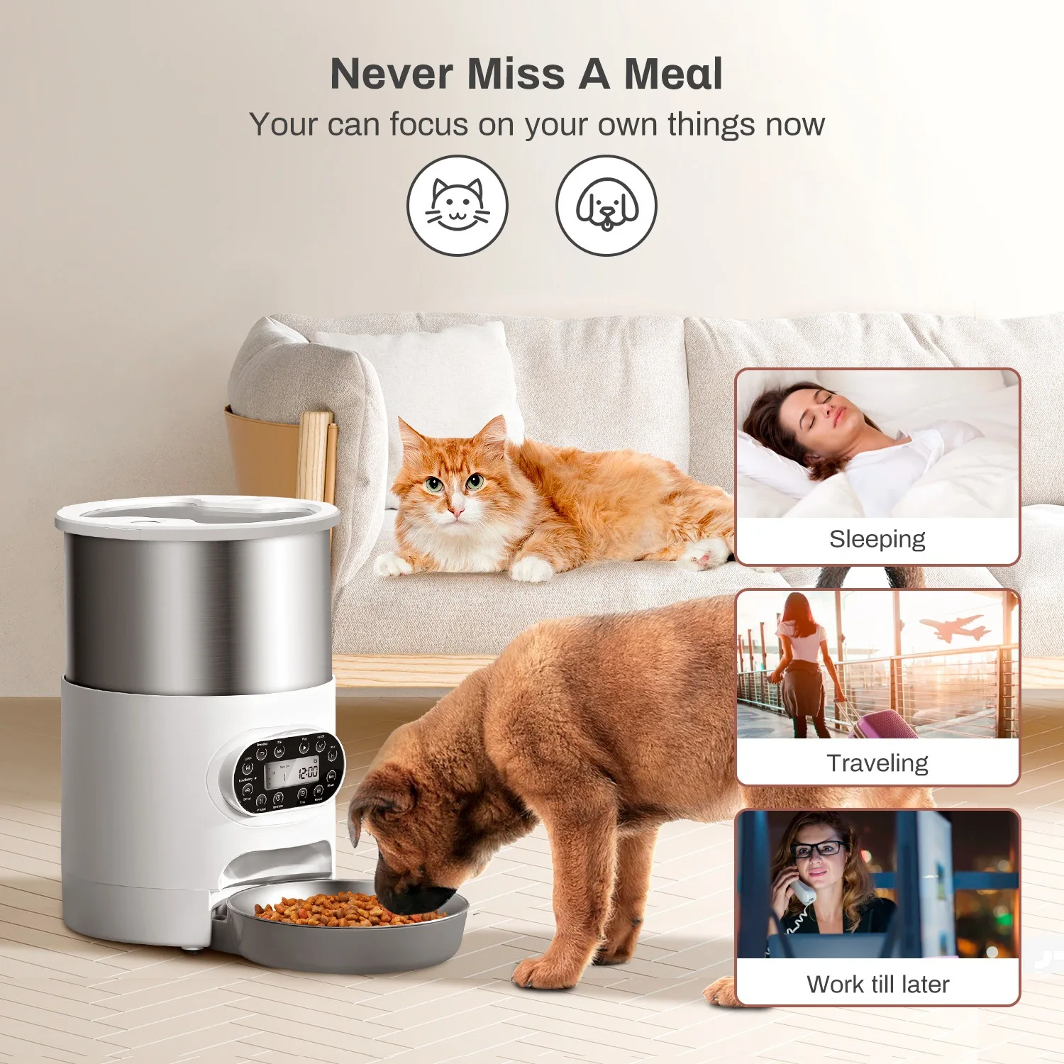 Stainless steel pet feeder, pet timed automatic feeder, 4.5L large capacity pet dog double plate feeder