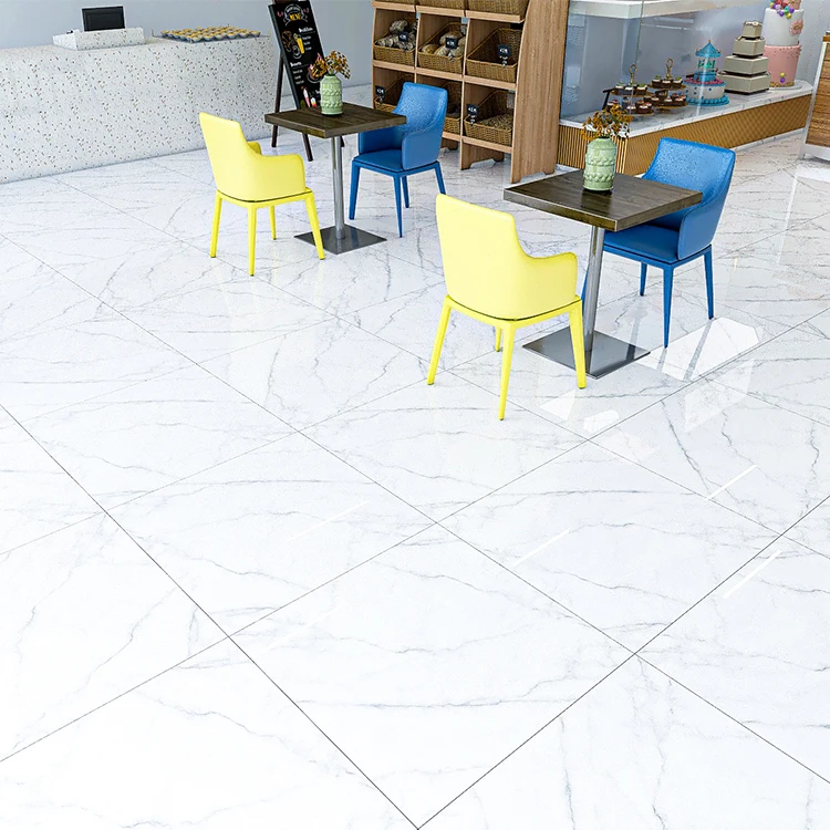 Lobby Hotel High Quality Full Glazed Metallic White Tile Floor and Wall Porcelain Marble Look Carrara White Square Tiles 80x80