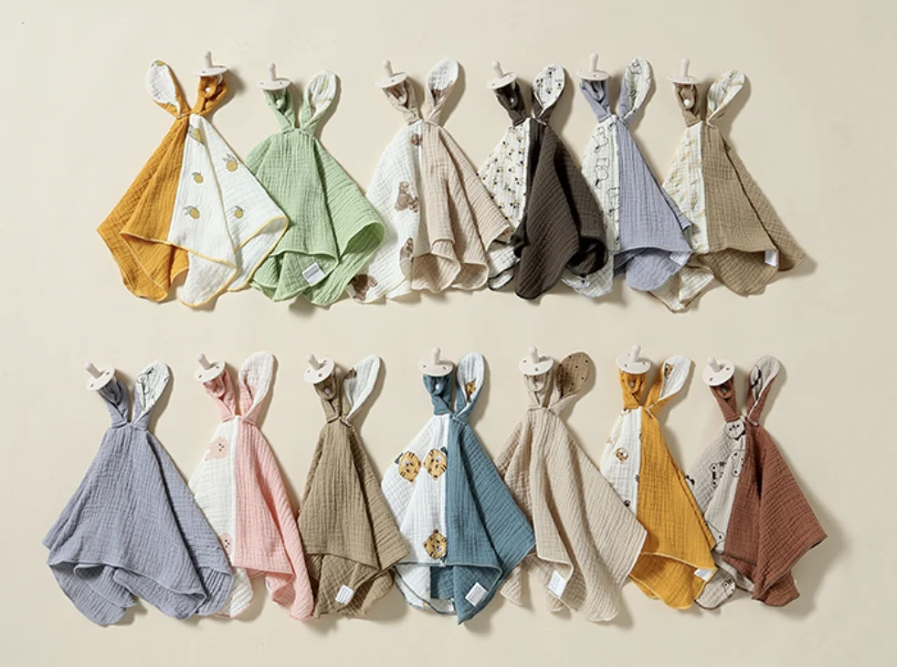 2023 Muslin Baby towel cotton gauze with teething gel nipple for baby sleep comfort bunny absorbent handkerchief saliva