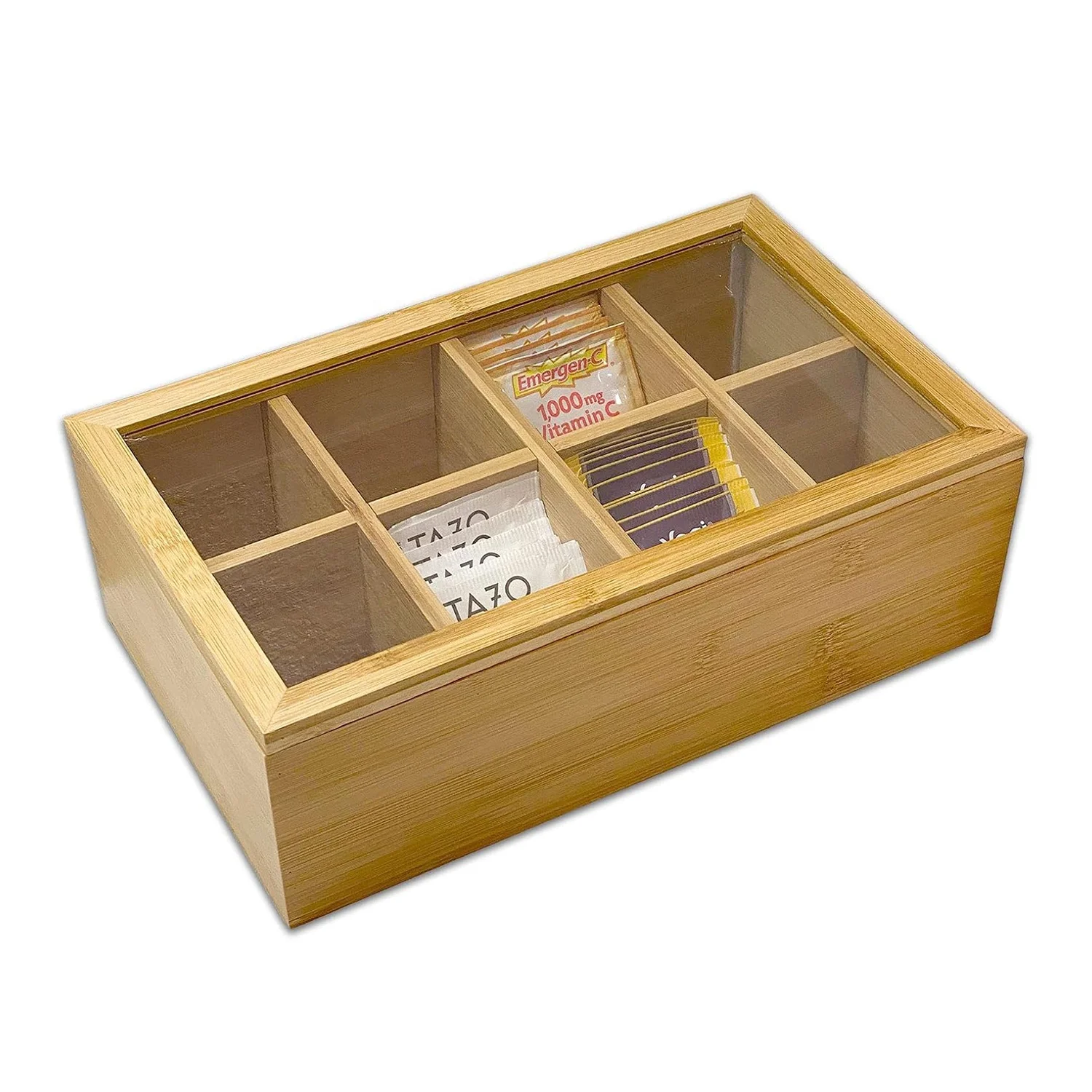 Custom 8 compartment bamboo wooden coffee sugar organizer tea bag storage box