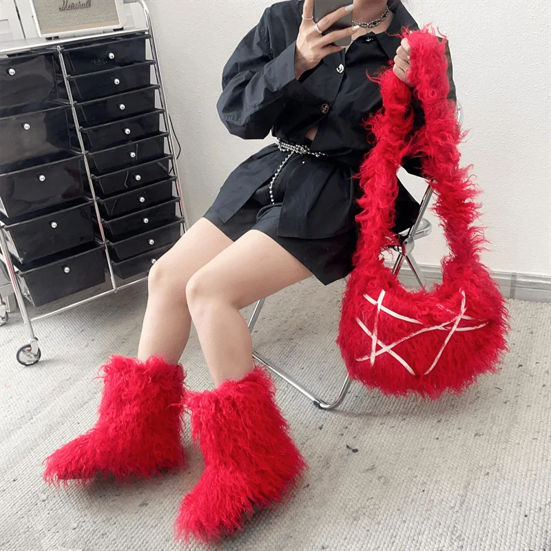 Hot Sales winter knee high boots and bags set fashion mongolian fur boots matching shoes and faux fur bags set for women