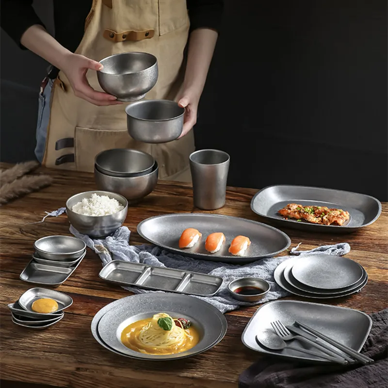 LIHONG Stainless Steel Retro Snowflake Gray Tableware Knife/Fork/Spoon/Bowl/Saucer/Plate/Bone Dish/Cup