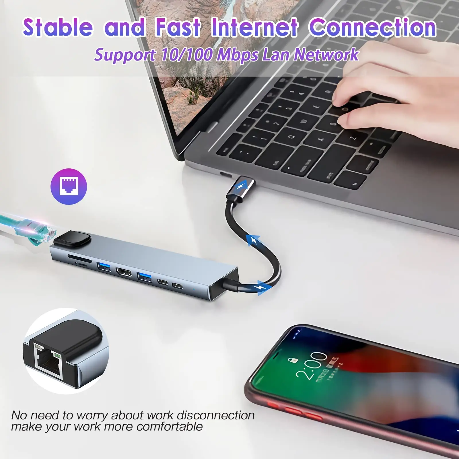 USB-концентратор 8 в 1 Type C 3 на 4K HDMI с кардридером RJ45