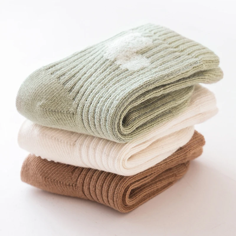3 Pairs/Set Baby Socks Wholesale Solid Color Cartoon Mid-Tube Non-Slip Elastic Floor Socks Newborn Baby Cotton Grip Sock Set