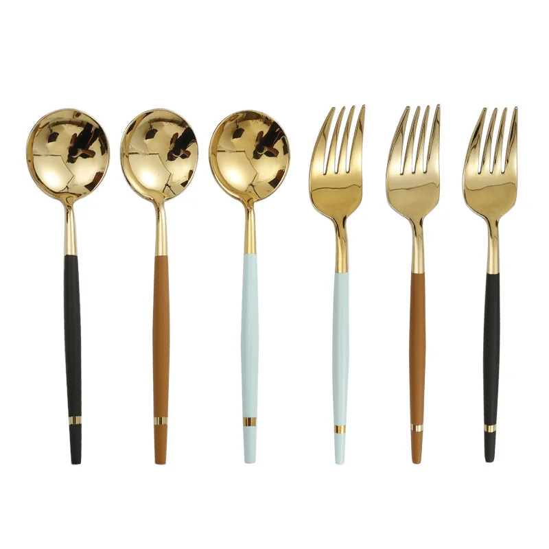 Stainless steel Portuguese tableware creative lathe process bright mirror black gold round spoon dessert spoon fork