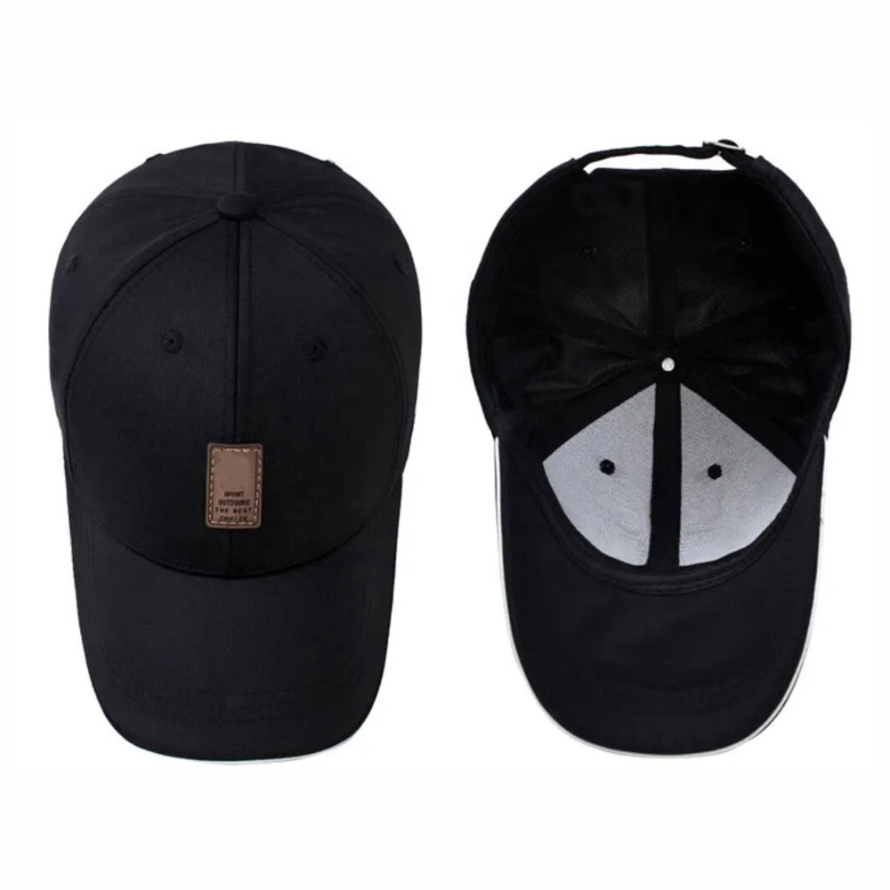 custom 58cm adjustable size black color cotton fabric classic sandwich brim baseball caps with quality leather patch logo