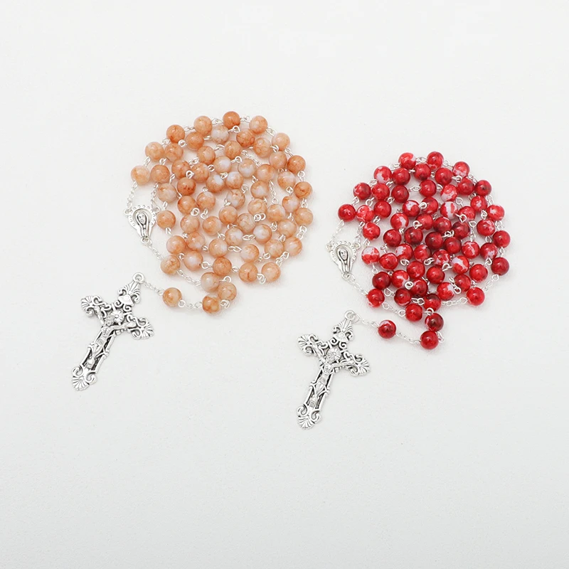 Hot Holy Catholic Blue Glass Stone Beads Rosary Necklace With Sliver Jesus Cross Religious Necklace