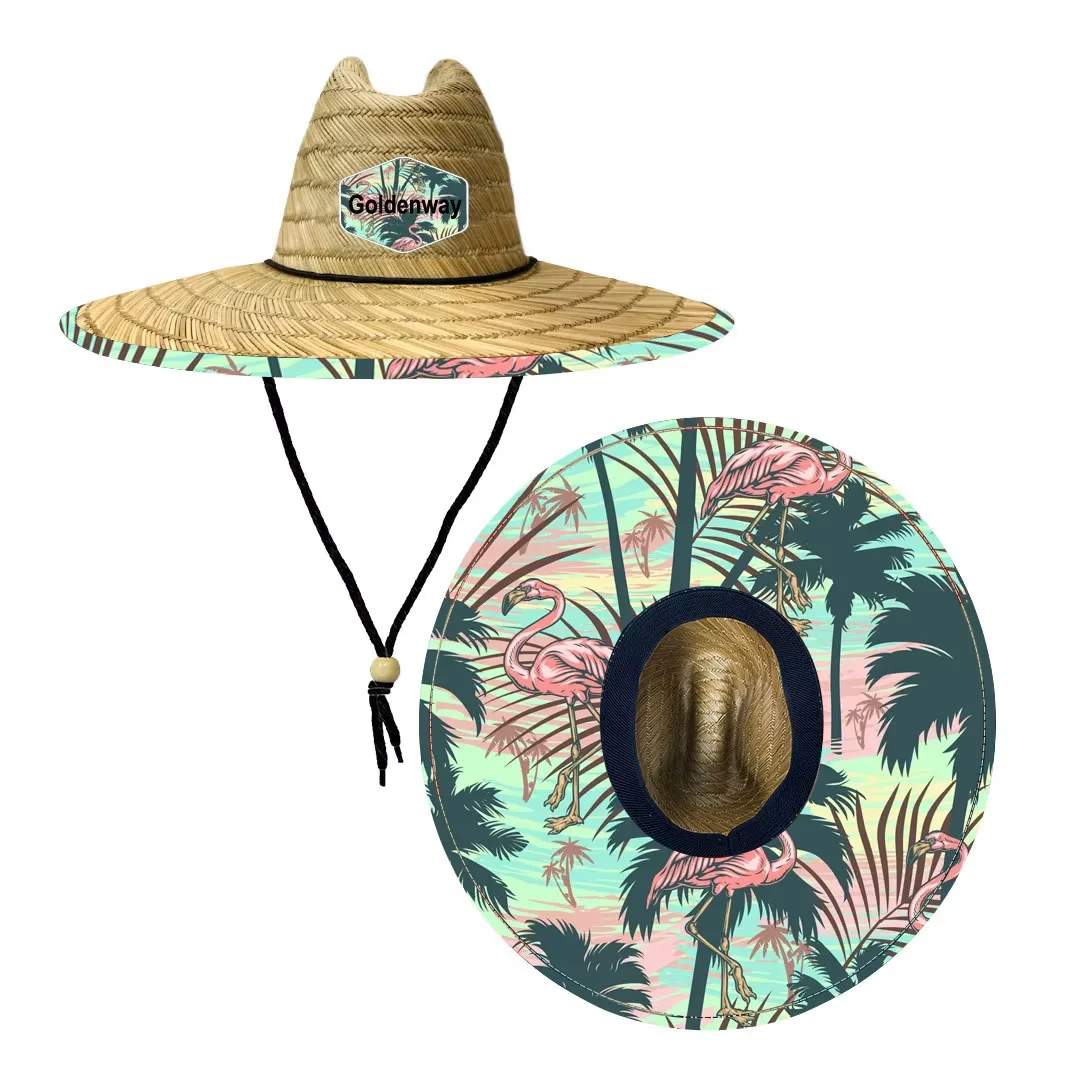 Flamingo Pattern design sun production women lifeguard wide brim custom straw hat wholesale