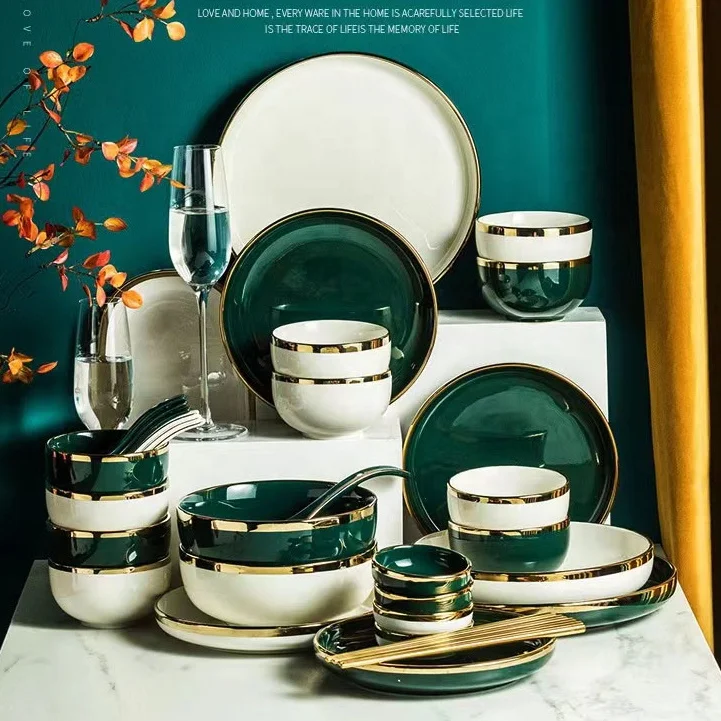 Europe style classic green and white dinner plate luxury golden rim bowl dish dinnerware set tableware