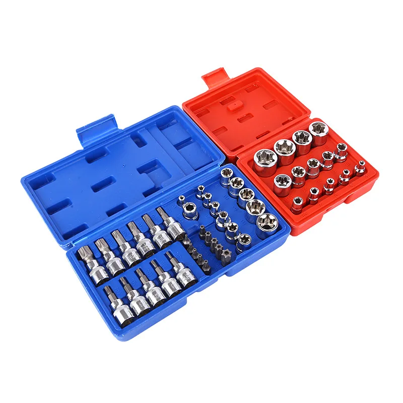 Automotive Mechanic Tools 34Pcs E-Torx Sockets Bit Set 3/8' 5/16' Drive Kit With Storage Case Car Repair Tool Box