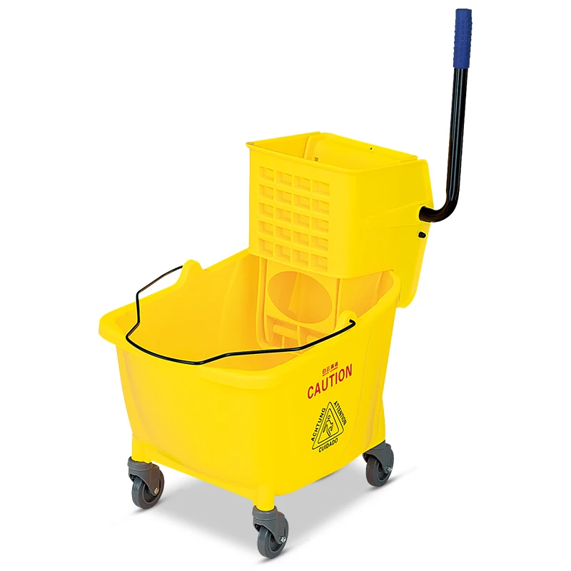Hot selling 32L plastic side press wringer trolley yellow cleaning mop bucket with wheel for hospital /hotel household cleaning