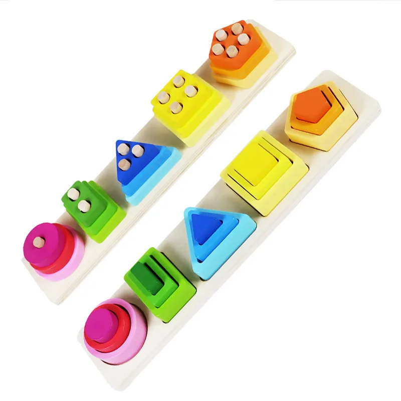 Wholesale Little kids Montessori educational toy gradient color 3d geometric shape stacking block wooden sorter toys