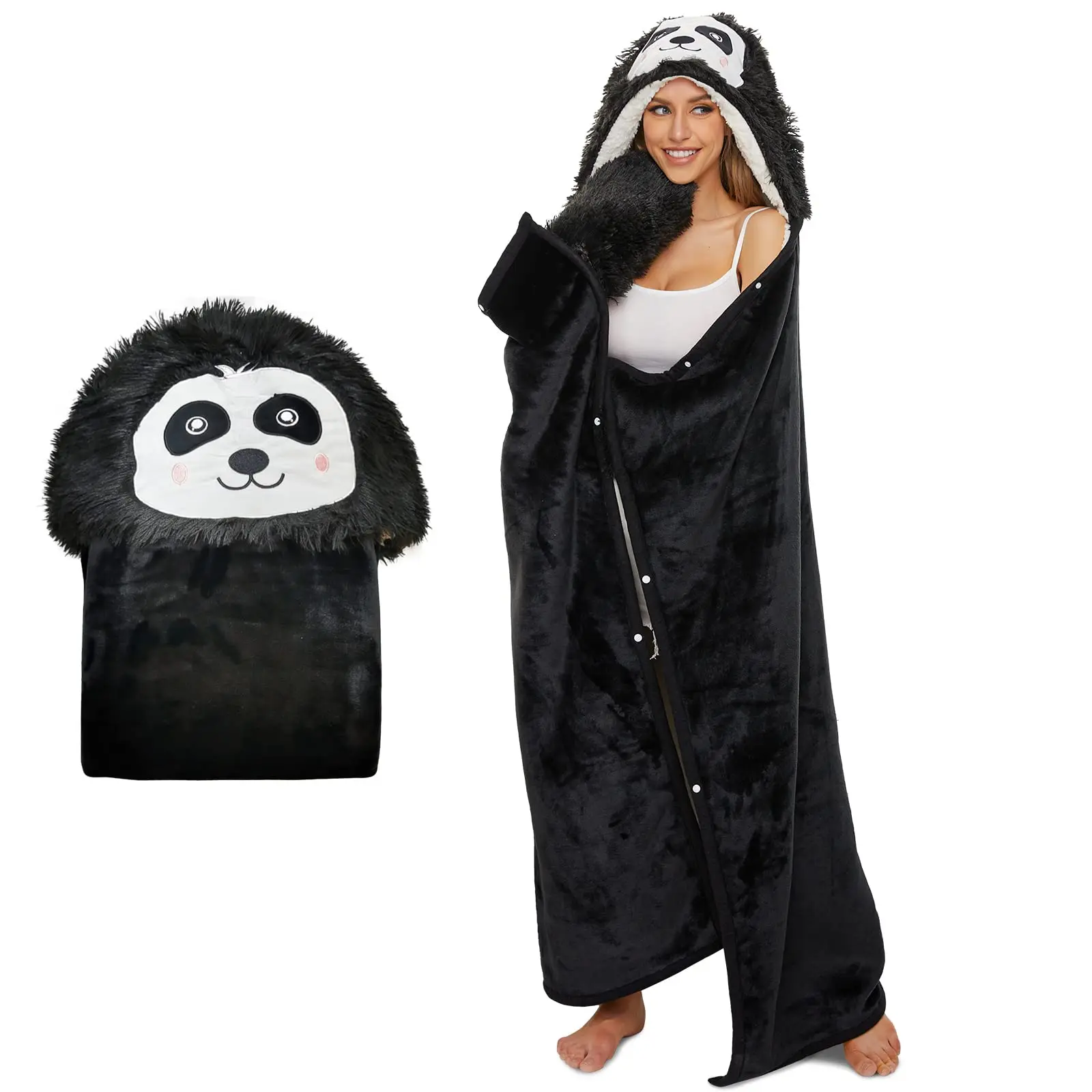 Sloth Wearable Hooded Blanket Soft Flannel Sherpa Panda Hoodie Blanket Throw Cloak Wrap