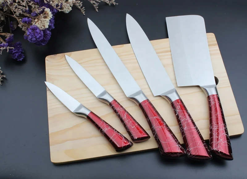 
Amazing tools 8Pcs acrylic stand shiny red chopper carving utility salad chef knives stainless steel kitchen knife set 