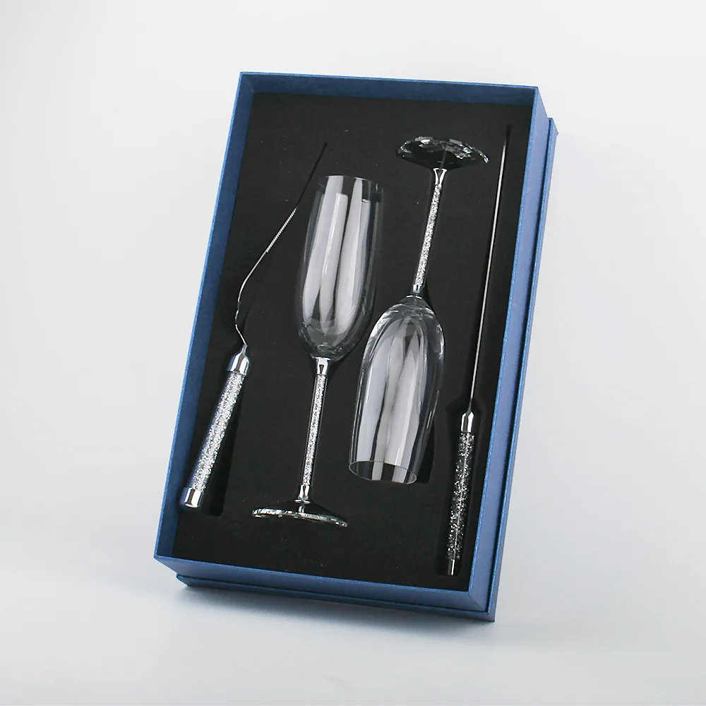 custom logo etched crystal diamond wedding champagne flutes and gold cake knife server sets with gift box