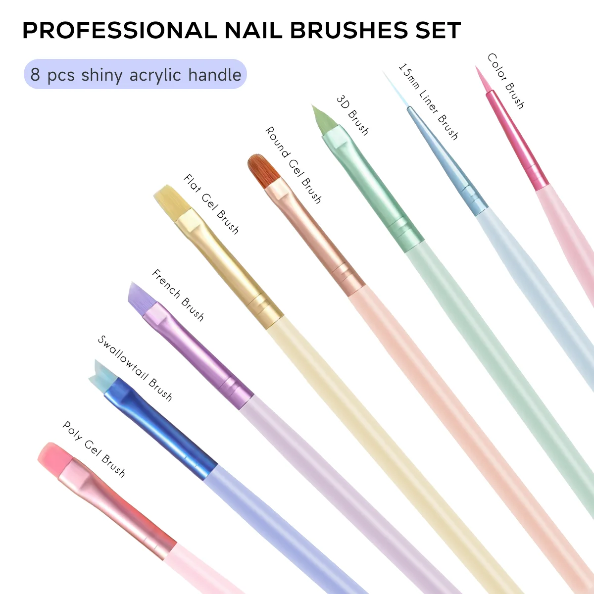 Custom OEM Nail Art Brushes Colorful Clear Crystal Handle 8PCS DIY Nail Brush With Lid