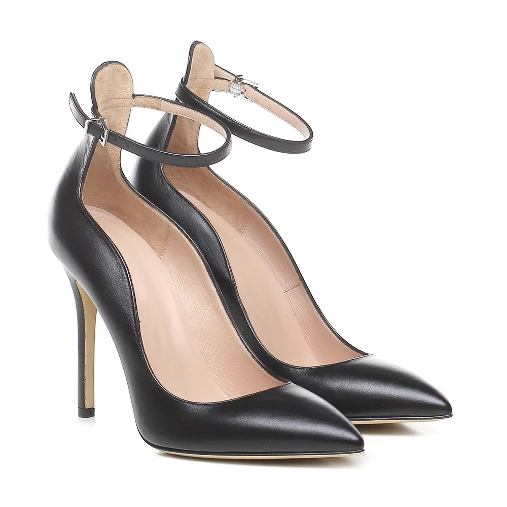 Hot sale Ankle Strap black genuine leather high heel women pumps