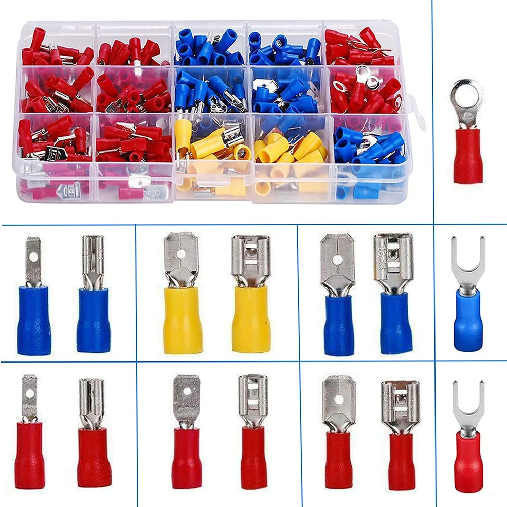 480PCS Insulated Wire Electrical Connectors Terminals Set Butt Bullet Spade Fork Ring Solderless Crimp Connectors Assortment Kit