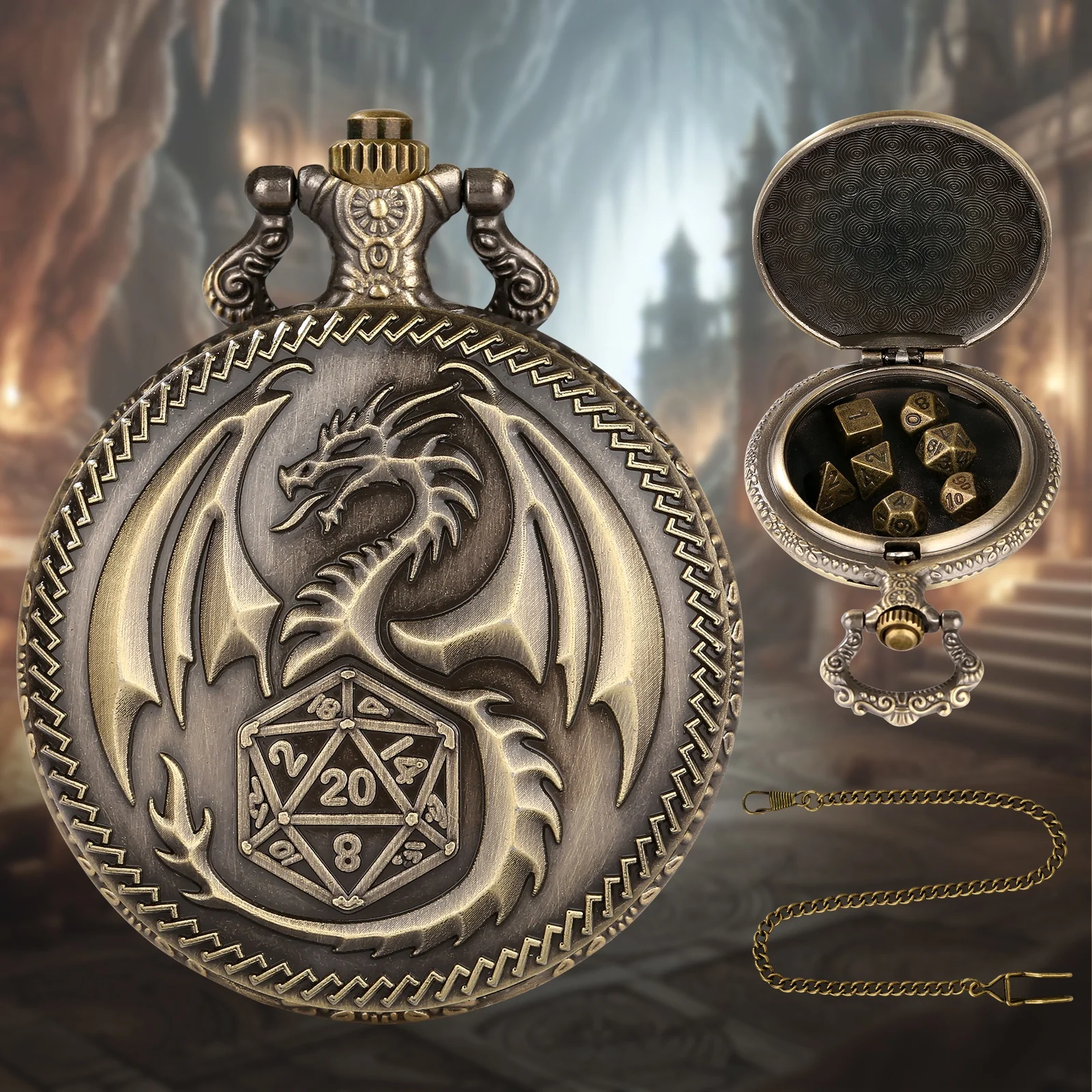 DND Dice Storage Case Pendant Gold Antique Old Pocket Watch for DND Player