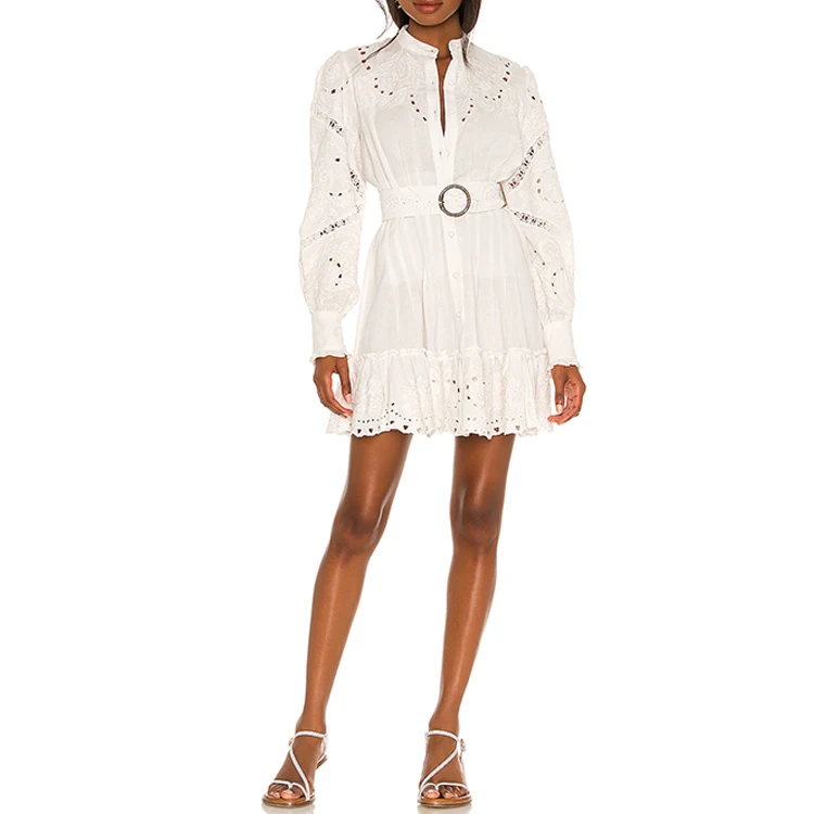 Wholesale Custom Vintage Design Embroidery Button Down Long Sleeve Mini Dress For Women