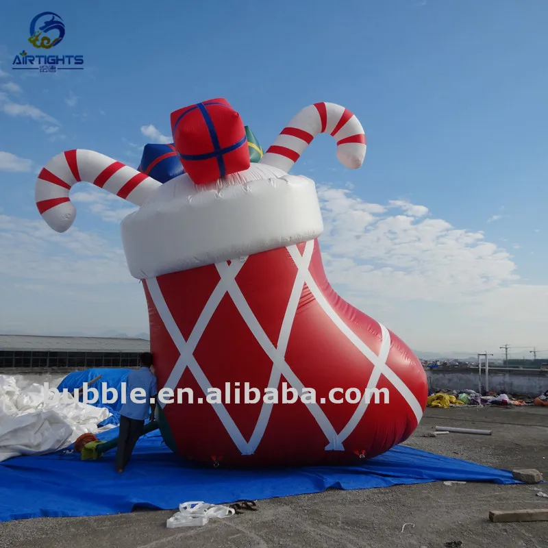 Hot Sale Giant Red Inflatable Christmas Sock With Candy Cane Christmas Boot Air Balloon