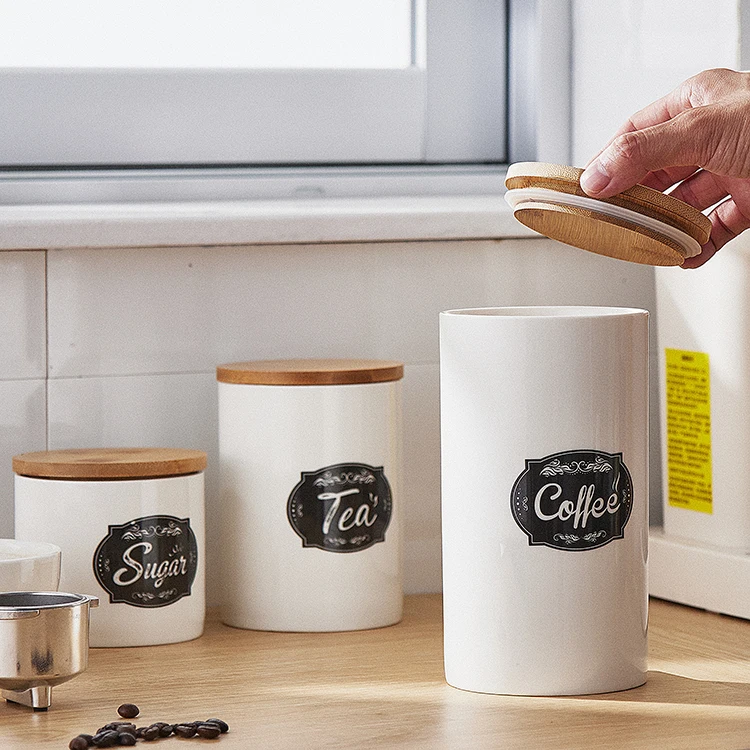 Custom Logo Kitchen Ceramic Canisters Food Storage Jar for Tea Coffee Sugar with Bamboo Lid