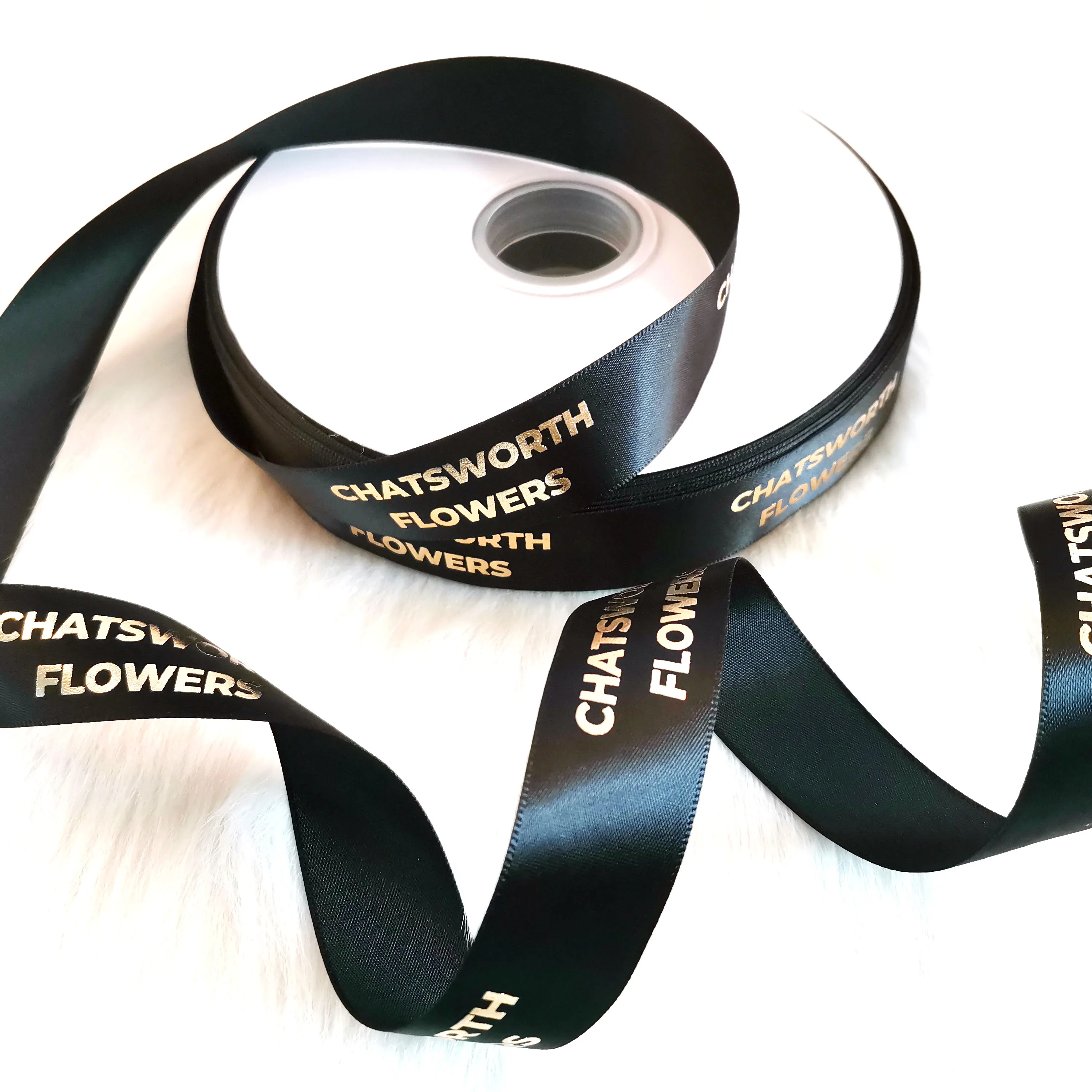 Personalized custom Company brand gift wrapping ribbon Custom logo gold foil printed 3d logo gift polyester satin ribbon