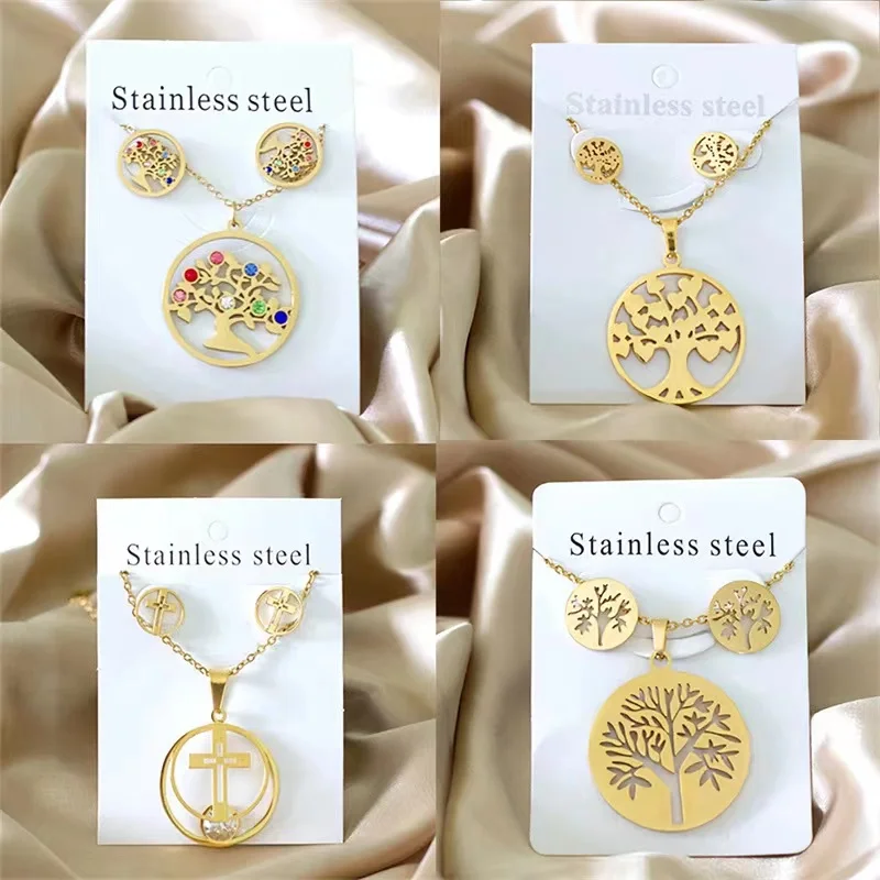 Factory Wholesale 18K Gold Plated Colored Zircon Tree Shape Stainless Steel Necklace Earrings jewelry sets dubai gold jewelry