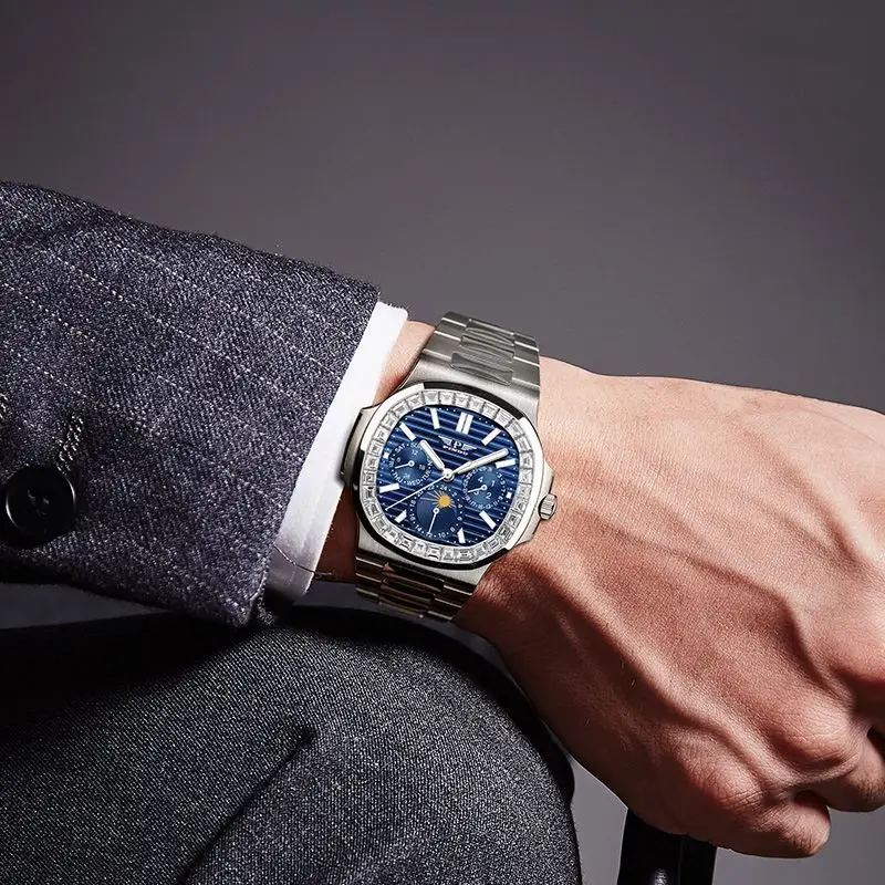 Pindu Men Luxury Classic Wristwatch Stainless Multifunctional Day 24Hour Date Moonphase Diamond Bezel Automatic Mechanical Watch