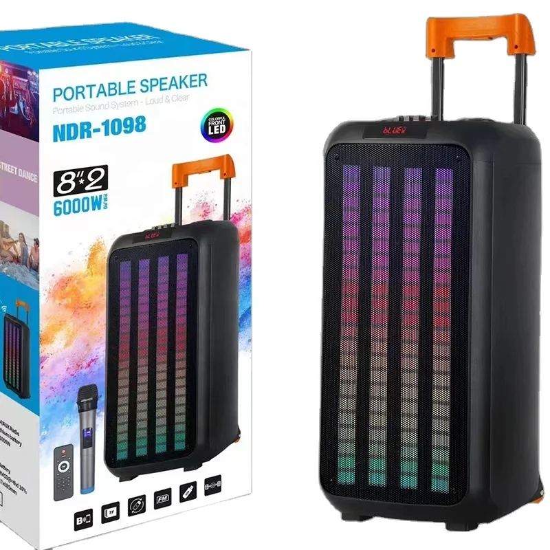 Outdoor big speakers dj party colorful led light box sound double 8 inch rechargeable trolley speaker with microphone NDR1098