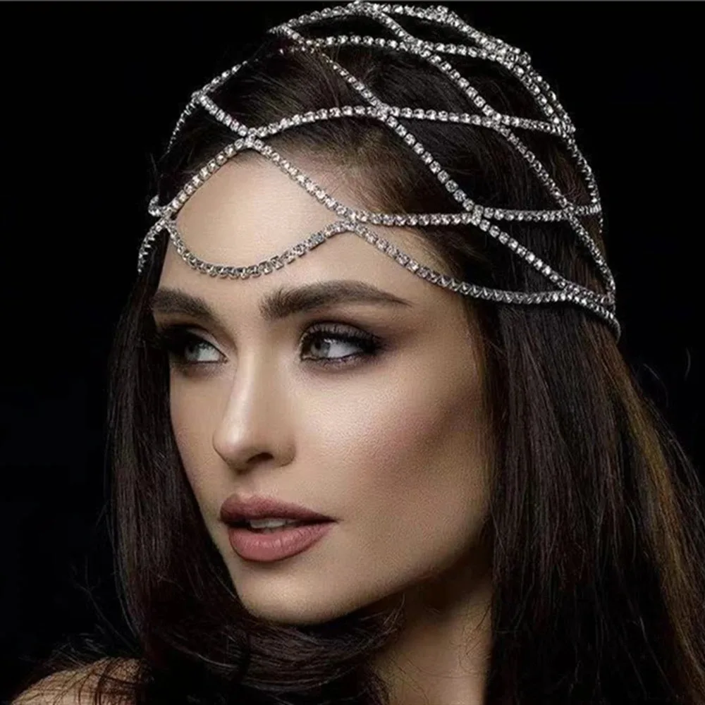 Mesh Headpiece Wedding Head Chain Jewelry For Women Luxury Crystal Headband Head Hat Hair Accessories /