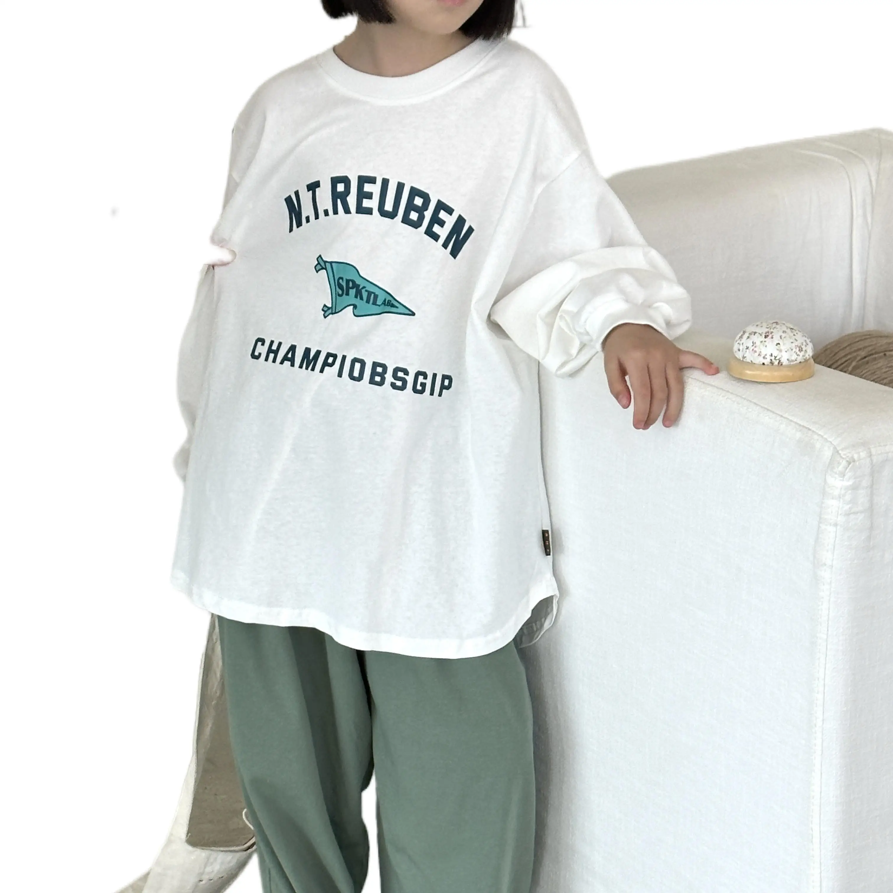 Kids Wear Wholesale Oversize Long Sleeve Girls Blank Peter Pan Collar Printed T-shirt For Girls