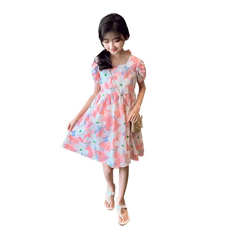 2022 Summer New Design Kids Girls Dress 4-9 Year old Short Sleeve Girl Dress with Free Flower Bag