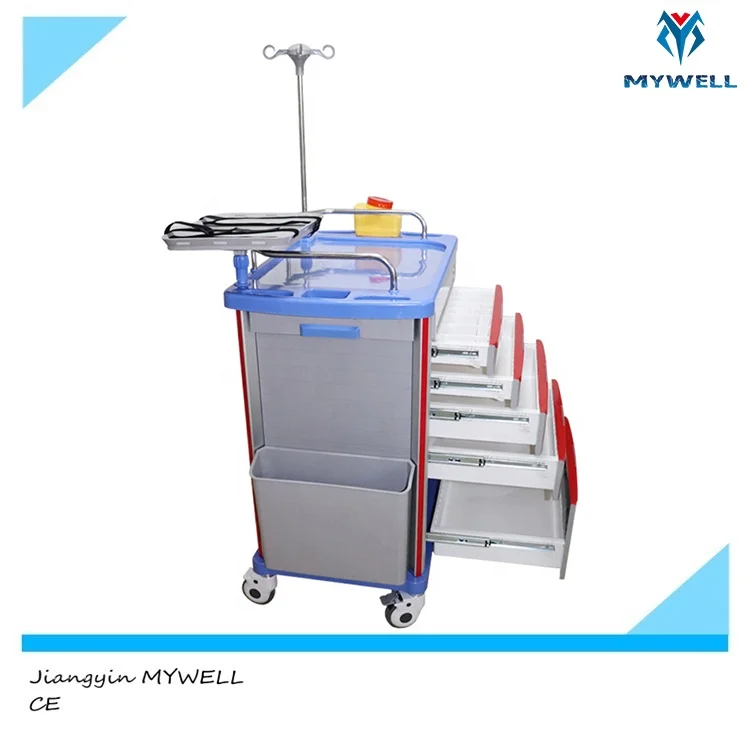 Medical Hospital Stainless Steel ABS Emergency Medical Trolley Cart