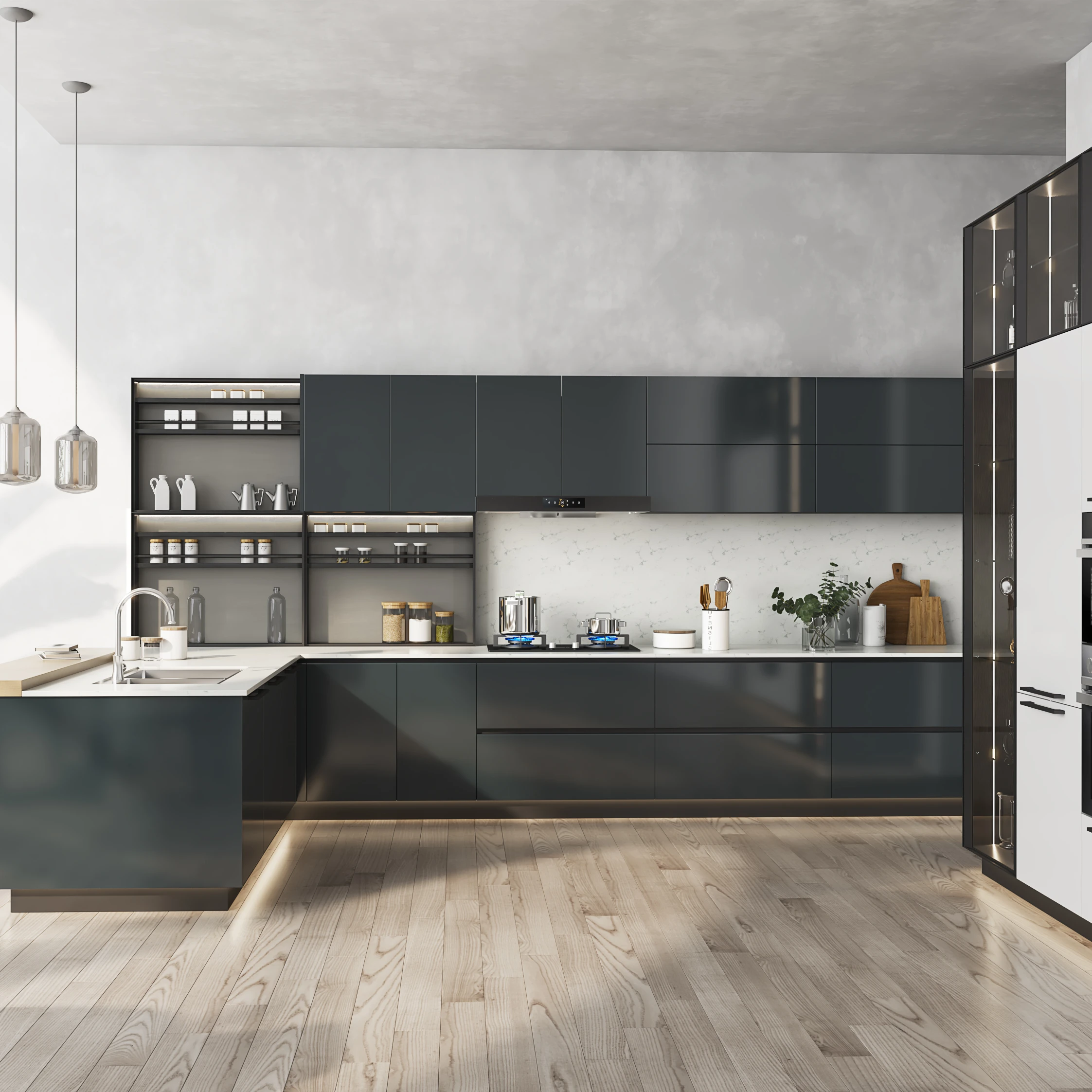 Пользовательские современные дизайнерские серые глянцевые кухонные шкафы для домашней мебели