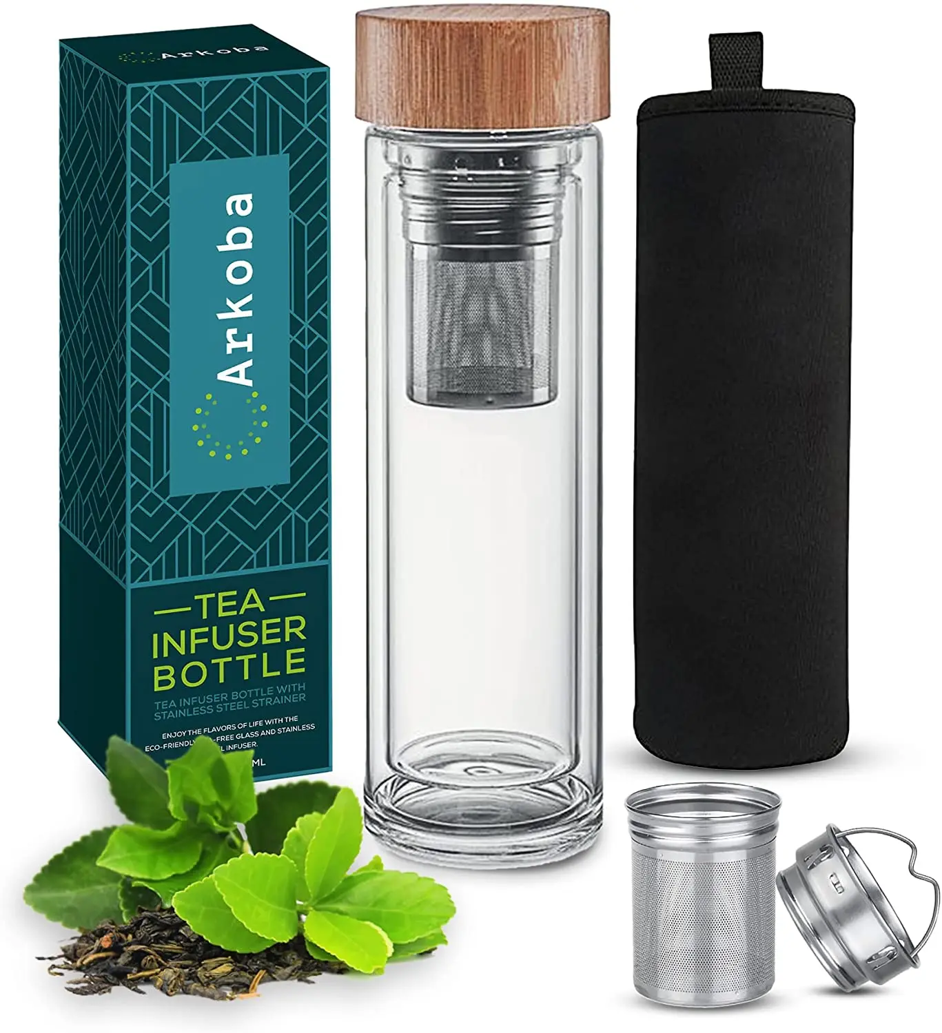 15oz Bamboo Wooden lid Double Wall High Borosilicate Glass Tea Bottle with Strainer & Infuser for Loose Tea