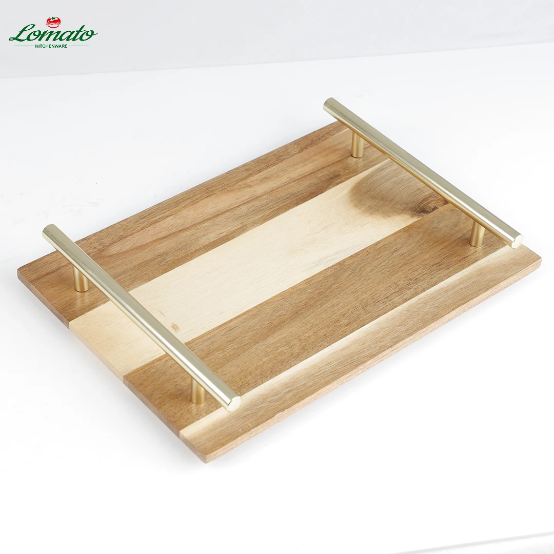 wholesale Factory Sale Premium Natural walnut acacia wooden trays with golden handles for breakfast