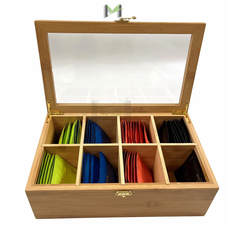 Adjustable 8 Compartments Bamboo Tea Box with Lock, Natural Bamboo Tea Box Storage Organizer for Organizing and Displaying Teas