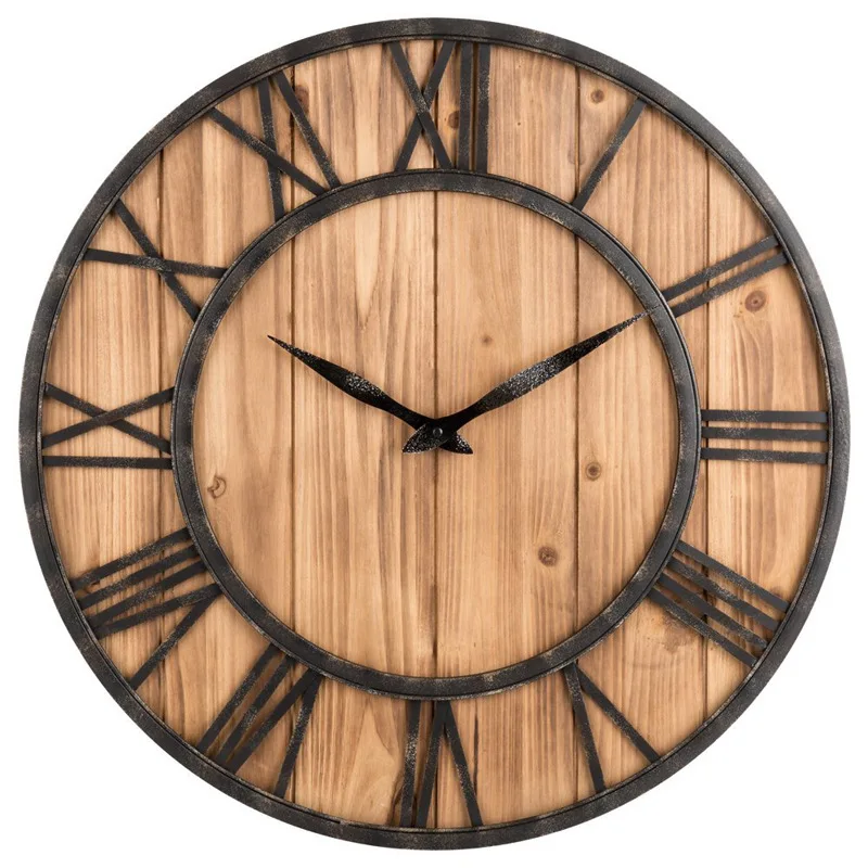 American Solid Wood Circular Iron Art Wall Clock Silent Home Antique Style for Dining Room