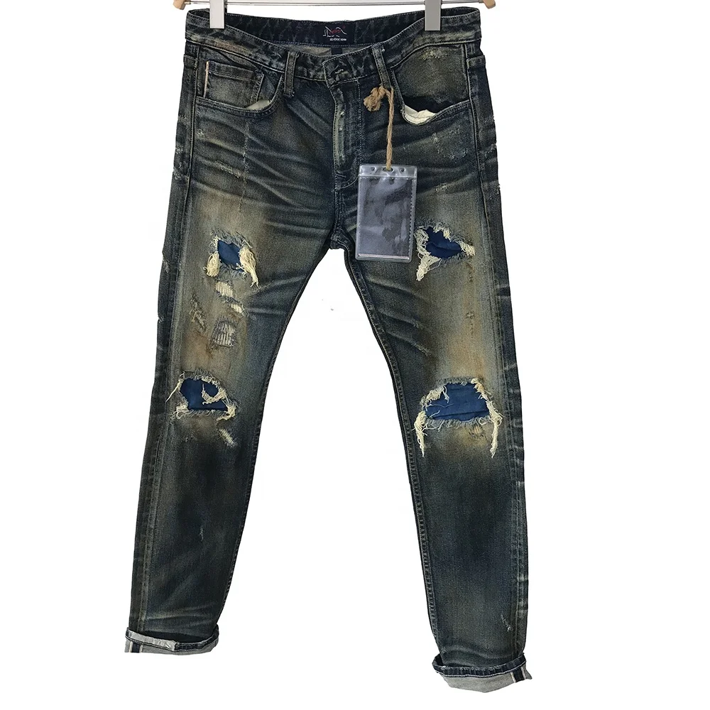 Customized Size Patch Rough Thick Japanese Style Raw Selvedge Denim Jeans for Men