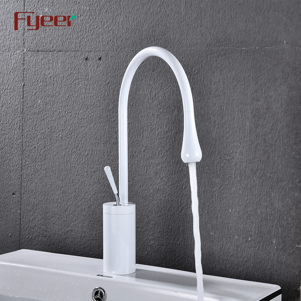 Fyeer Long Neck Water Drop White Painted Bathroom Basin Faucet