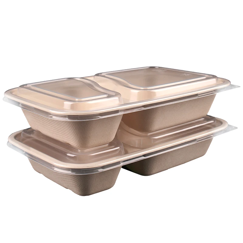 No Added Pfas Best Price High Quality Biodegradable Sugarcane Bagasse Rectangle 2 Compartment Bowl With Lid