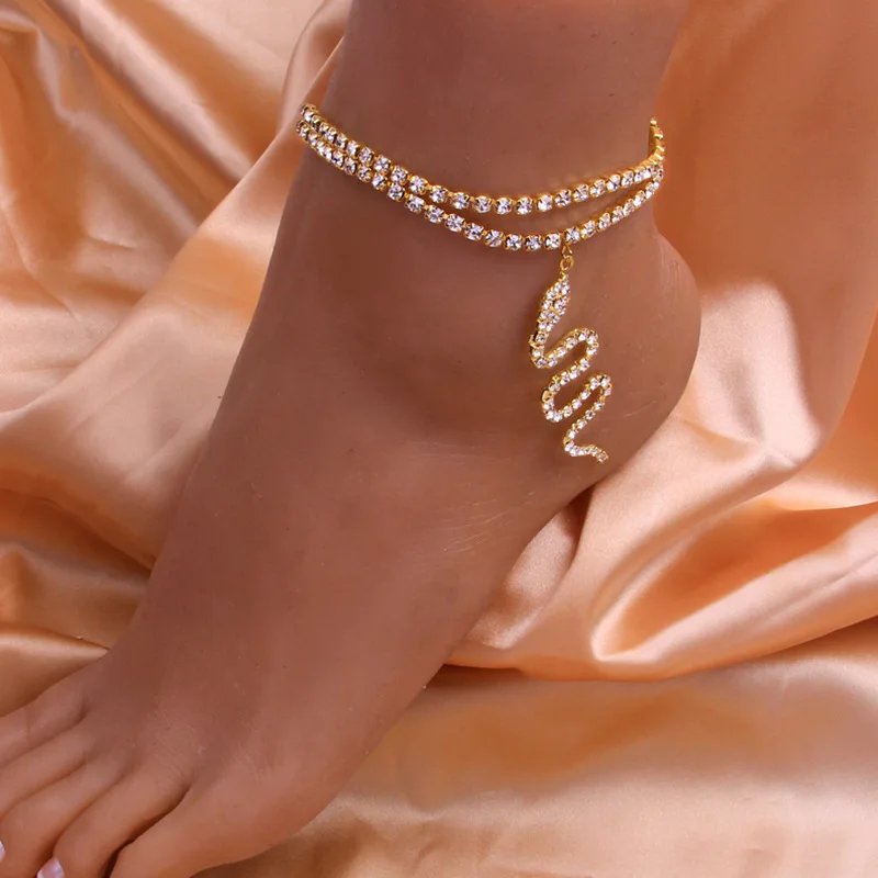Hot Sale Summer New Pendant Double Full Rhinestone Snake Anklet Lced Out Cz Cuban Anklets With Charms For Women