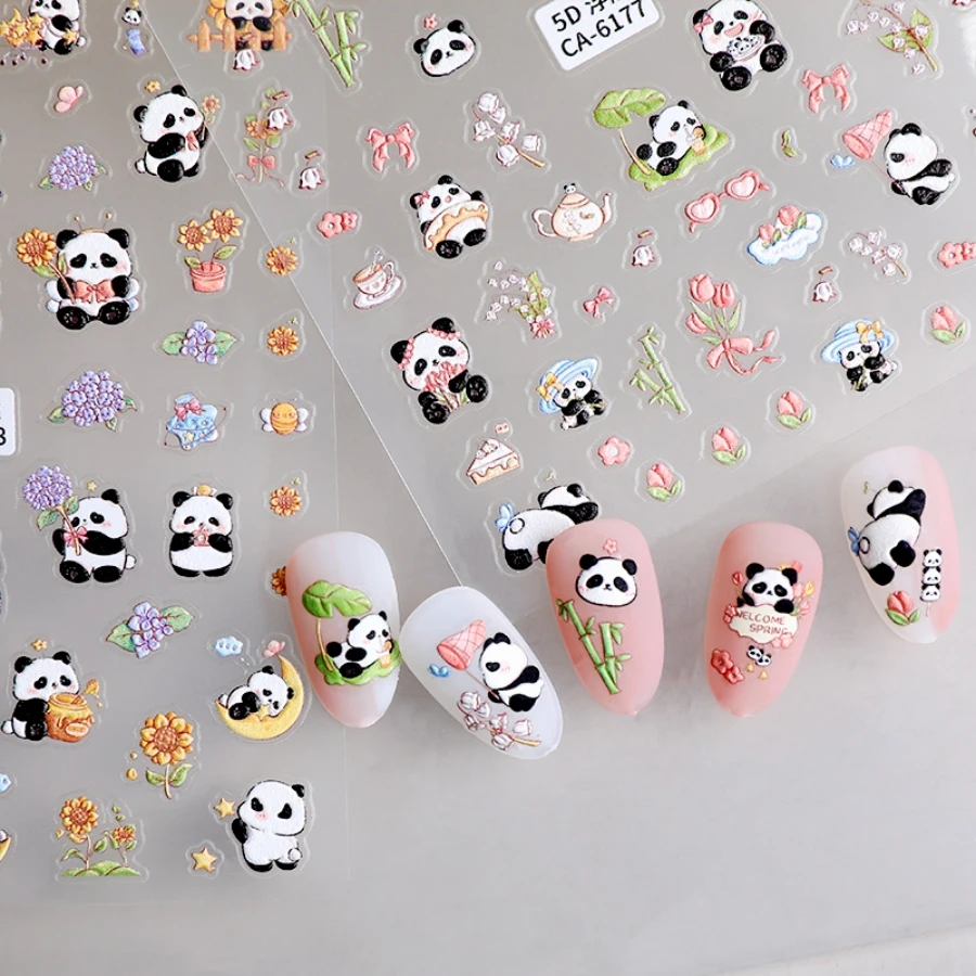 5D Cute Panda Nail Stickers Embossed Cartoon Animal Bamboo Love Heart Star Sliders Nail Decals Kawaii DIY Manicure Wraps Sticker
