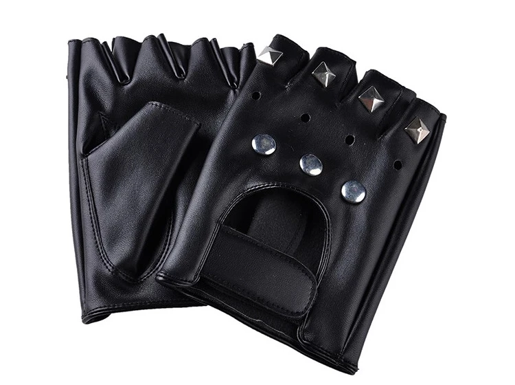 FY Tape Studs Hollowed Leather Fingerless Glove Mitt Sport Riding Motor Batcave Goth Punk Rock Stage Party Costume