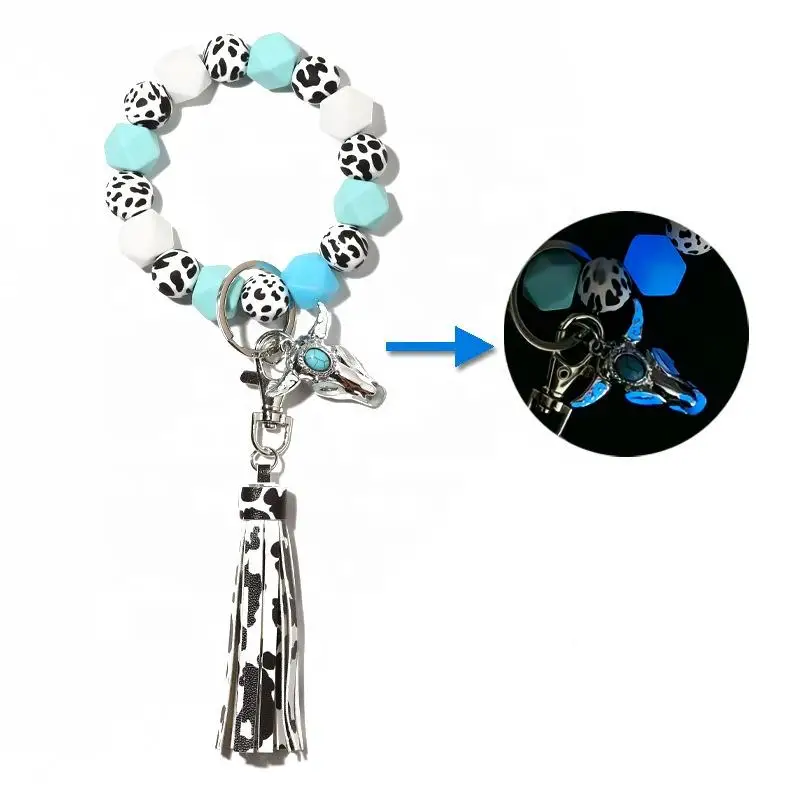 Western Cowboy Luminous Bracelet In Dark Cow Print Silicone Beads Wristlet Keychain With Tassel Perfect Gifts For Night Party