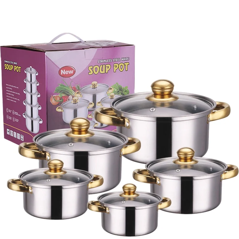 Factory Wholesale 10pcs Stainless Steel Gold handle Soup Pots Cooking Pots Milk Pots And Pans casserole Kitchen Cookware Sets